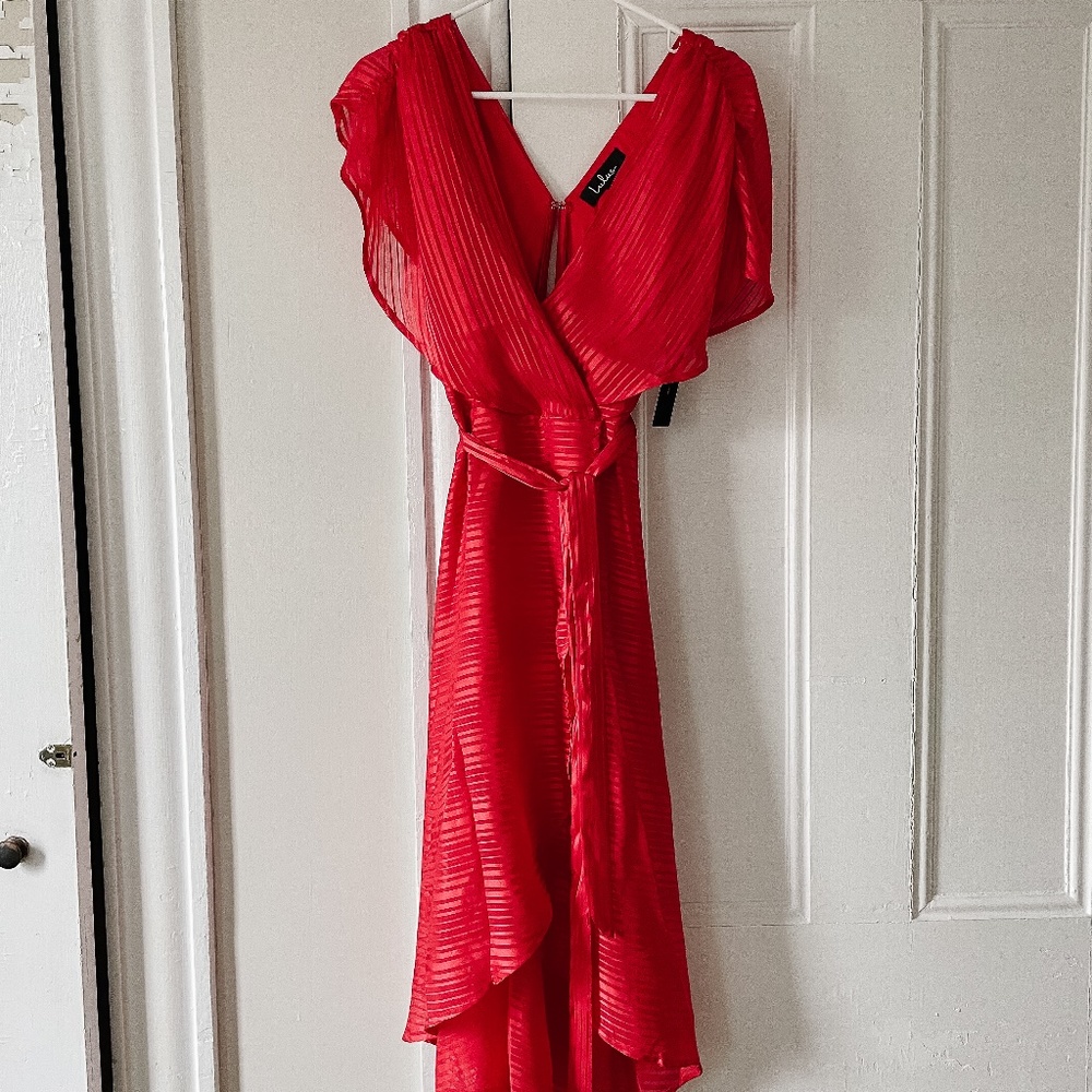 NWT Lenita Red Striped Satin High Low Midi Dress
